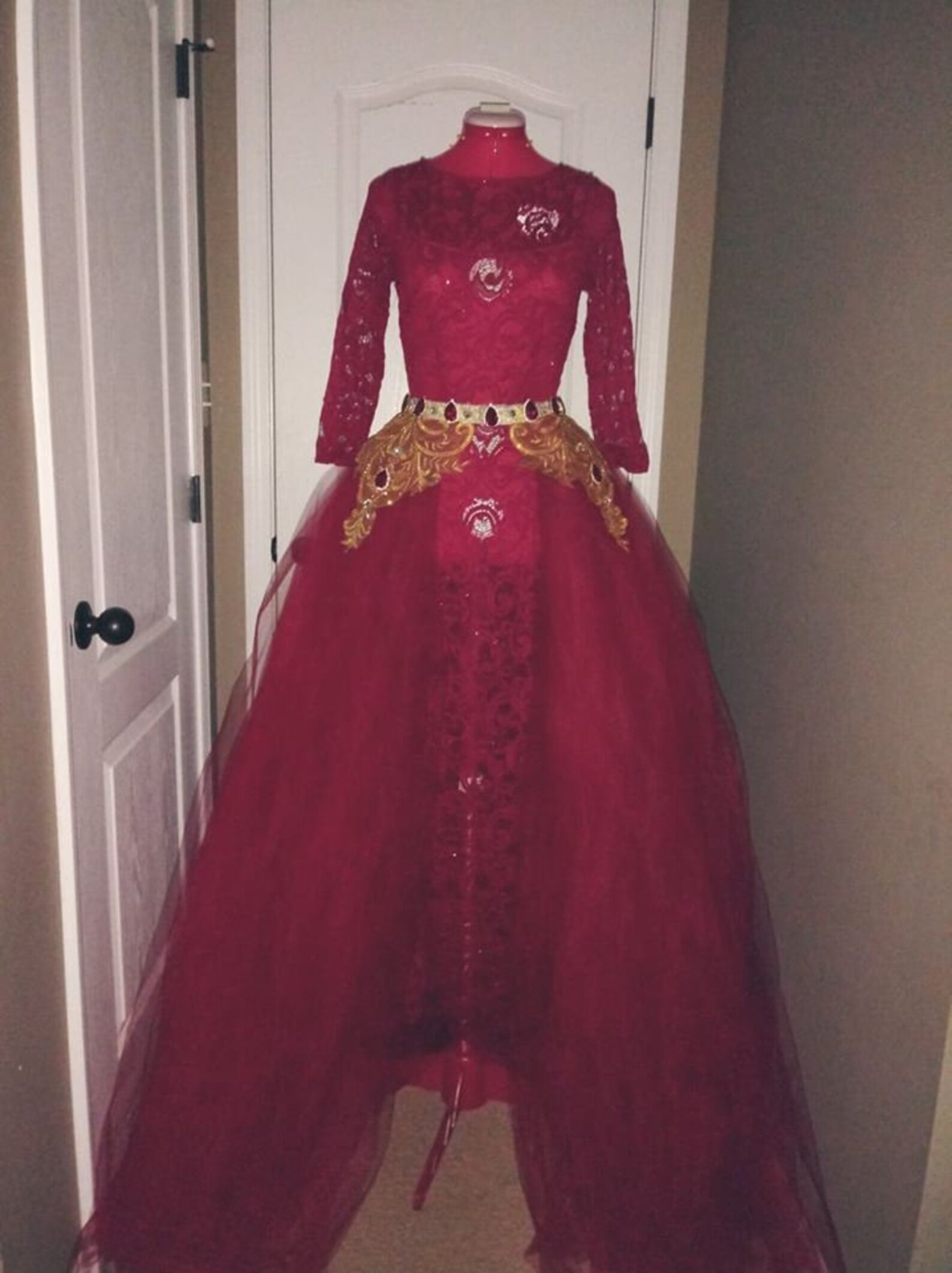red and gold gown with sleeves
