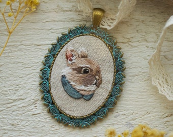 Rabbit Necklace/ Hand Embroidered Necklace / Bunny Jewelry / Embroidered Rabbit Pendant / Embroidery Design / Cute Gift / Threadpainting