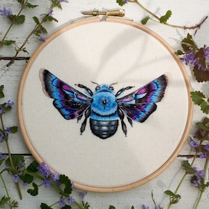 Hand Embroidered Blue Carpenter Bee in 6&quot; Hoop: Needlework Wall Art