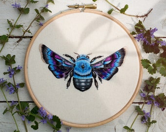 Hand Embroidered Blue Carpenter Bee. Hand Embroidery. Thread Painting. Wall Art. Hand Embroidered Bee. Bee Art. Needlework. Thread Painting