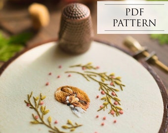 Sleeping Fox Miniature Embroidery Pattern: Beginner Thread Painting (PDF Pattern)