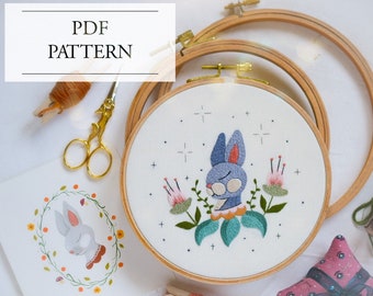 Digital Download. Rabbit Embroidery Pattern. Hand Embroidery Pattern. Embroidery Tutorial. Rabbit Art. Beginner Embroidery Pattern