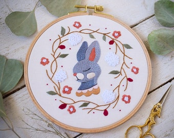 Dreaming Rabbit Original Embroidery. Hand Embroidery. Thread Painting. Nursery Wall Decor. Woodland Creature. Bunny Art.