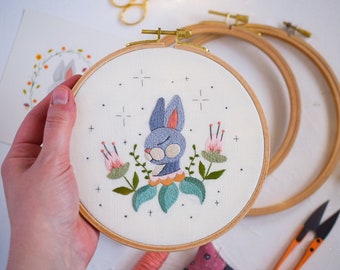 Dreaming Rabbit Original Embroidery. Hand Embroidery. Thread Painting. Nursery Wall Decor. Woodland Creature. Bunny Art.