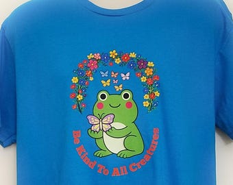 Be Kind Frog Shirt in Crew Neck or V-Neck Styles, Colorful Artwork of Cute Frog with Kindness Expression, Super Soft 100% Cotton T-Shirt