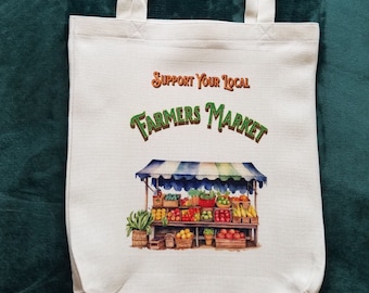Farmers Market Tote Bag with Cute Graphics, Support Your Local Farmers Market, Durable Medium Size Tote Bag in Natural White