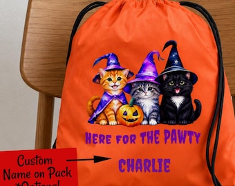 Here For The Pawty CATS Halloween Cinch Pack with Custom Name, Trick or Treat Bag or Backpack For Spooky Season, Available in 10 Colors