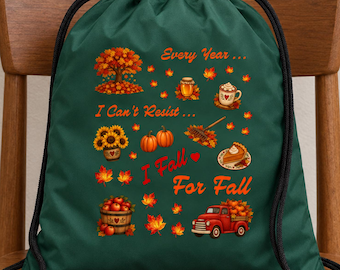 Fall For Fall Cinch Pack, String Backpack with Drawcord Straps, Cute Autumn Theme Artwork, Available in 10 Colors