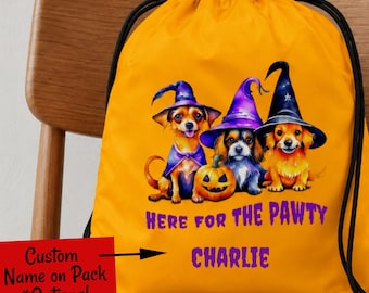 Here For The Pawty DOGS Halloween Cinch Pack with Custom Name, Trick or Treat Bag or Backpack For Spooky Season, Available in 10 Colors