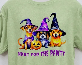 Here For The Pawty DOGS Halloween T-Shirt in Youth and Adult Sizes, Crew Neck and V-Neck Styles, with Cute Dogs in Costumes