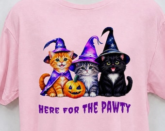 Here For The Pawty CATS Halloween T-Shirt in Youth and Adult Sizes, Crew Neck and V-Neck Styles, with Adorable Cats in Costumes
