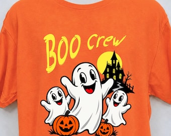 Boo Crew Halloween T-Shirt in Youth and Adult Sizes, Crew Neck and V-Neck Styles, with Whimsical Ghosts in Classic Cartoon Style Scene