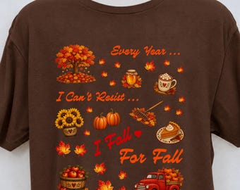 Fall For Fall Shirt in Crew Neck and V-Neck Styles, with Vibrant Colors and Quaint Fall Scenes, For Anyone Who Loves the Autumn Season