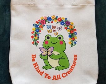 Be Kind Frog Tote Bag, Be Kind To All Creatures message with Adorable Frog, Colorful Flowers & Butterflies, Medium Tote Bag Natural White