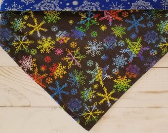 Rainbow Snowflakes Winter Dog Bandana w/ Silver Snowflakes on Back, Tie On or Slip On Over Collar, Reversible 2-in-1, Different Front & Back