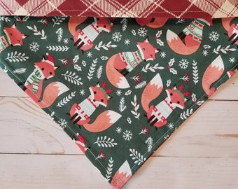 Foxes In Sweaters Winter Dog Bandana with Plaid on Back, Tie On or Slip On Over Collar, Reversible 2-in-1, Different Front & Back