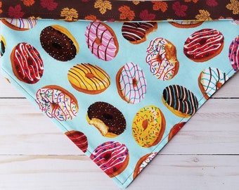Donuts & Fall Leaves Dog Bandana, Autumn Theme Bandana, Tie On or Slip On Over The Collar, Reversible 2-in-1, Different Front and Back