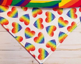 Rainbow Hearts PRIDE Valentines Day Dog Bandana, LGBTQ Ally Bandana, Tie on or Slip On Over The Collar Dog Bandana, Reversible 2-in-1 Style