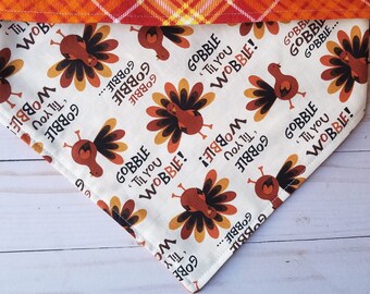 Gobble Til You Wobble Thanksgiving Dog Bandana with Turkeys, Tie On or Slip On Over The Collar, Reversible 2-in-1, Different Front and Back
