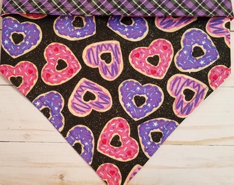 Heart Cookies & Plaid Valentines Day Dog Bandana, Reversible 2-in-1 Different Fabrics Front and Back, Slip On Over The Collar or Tie On