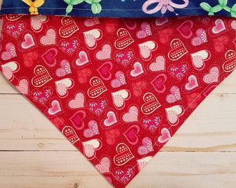 Sparkly Hearts & Balloon Animals Valentines Day Dog Bandana, Reversible 2-in-1 Different Fabrics Front/Back, Slip On Over Collar or Tie On
