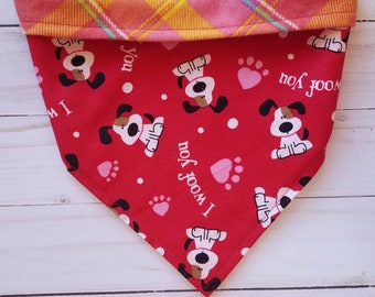 I Woof You Dog Bandana with Spring Colors in Flannel Plaid on Back Side, Slip On Over The Collar or Tie On Dog Bandana, Reversible 2-in-1