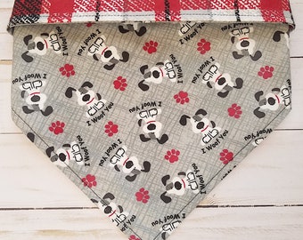 I WOOF YOU Grey Bandana with Red & Black Plaid Flannel Back Side, Tie on or Slip On Over The Collar Dog Bandana, Reversible 2-in-1 Style