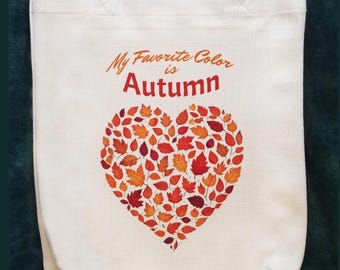 My Favorite Color Is Autumn Tote Bag, Fall Theme Artwork with Cute Heart Made of Seasonal Leaves, Durable Medium Size Tote Bag, Autumn Gift
