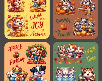 Joy of Autumn Coasters Set of 4, Whimsical Art on High Gloss Drink Coasters, Gift For Lovers of Autumn or Fall, Adorable Animal Characters