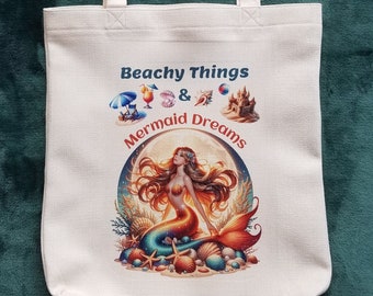 Beachy Things & Mermaid Dreams Tote Bag, Summer Tote with Gorgeous Colorful Graphics, Beach Theme, Gift For Friend, Sturdy, Medium Tote Bag