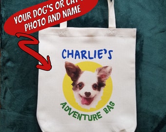 May include: White canvas tote bag with a yellow circle and a photo of a dog with the text "CHARLIE'S ADVENTURE BAG" printed on it.