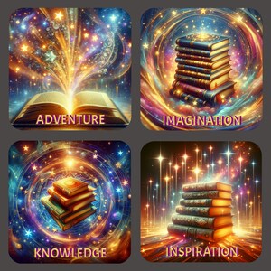 May include: Four colorful square images with a stack of books in each. The images are surrounded by a swirling, starry background. The text "Adventure", "Imagination", "Knowledge", and "Inspiration" are at the bottom of each image.