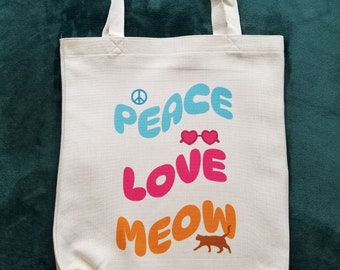 Peace Love Meow Tote Bag For Cat Owner, Cat Theme Durable Medium Size Tote Bag in Natural White, Gift For Cat Mom or Cat Dad