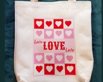 LOVE Tote Bag with Checkerboard Hearts in Pink & Red, Makes a Great Gift, Positive Message Tote, Durable Medium Tote Bag, Natural White