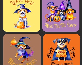 Halloween Coasters Set of 4, Colorful Dogs In Halloween Costumes, Happy Howl-O-Ween, Fall Decor Drink Coasters, Halloween Dog Mom Gift