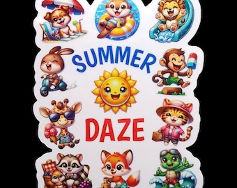 White Vinyl Sticker, Summer Daze, Weatherproof, Cute Animals and a Fun Gift For Sticker Collectors, For Cell Phone, Laptop, Water Bottle