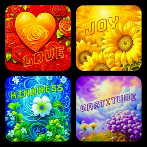 May include: A collage of four images, each representing a different virtue. The top left image features a red background with a yellow heart and roses, with the word "LOVE" in red letters. The top right image features a yellow background with sunflowers and the word "JOY" in red letters. The bottom left image features a blue and green background with white flowers and the word "KINDNESS" in green letters. The bottom right image features a purple and pink background with white flowers and the word "GRATITUDE" in purple letters.