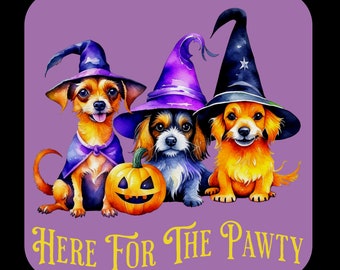 Halloween Sticker "Here For The Pawty", Cute Dogs in Costumes on a White Vinyl Waterproof Sticker for Water Bottle, Laptop, Cell Phone