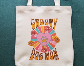 Groovy Dog Mom Tote Bag For Dog Mom, Retro Vintage Style Artwork, Colorful & Durable Medium Size Tote Bag in Natural White, Gift For Dog Mom