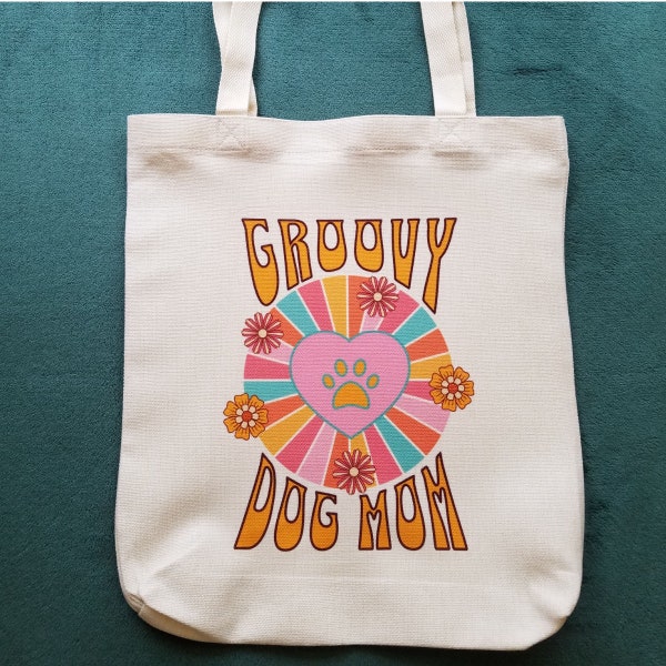 Groovy Dog Mom Tote Bag For Dog Mom, Retro Vintage Style Artwork, Colorful & Durable Medium Size Tote Bag in Natural White, Gift For Dog Mom