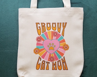 Groovy Cat Mom Tote Bag For Cat Mom, Retro Vintage Style Artwork, Colorful & Durable Medium Size Tote Bag in Natural White, Gift For Cat Mom