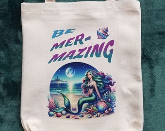 Bolsa Be MerMazing com lindos gráficos coloridos, sacola de verão com linda sereia em uma praia, presente para um amigo, sacola média