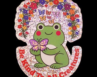 Sparkling Glitter Vinyl Sticker, Be Kind To All Creatures with Cute Frog & Butterflies, Decal For Cell Phone, Laptop, Water Bottle