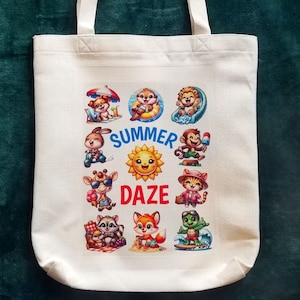 Bolsa Tote Summer Daze com adoráveis e coloridos animais de desenho animado fazendo coisas de verão, presente de verão caprichoso, bolsa tote média de verão resistente
