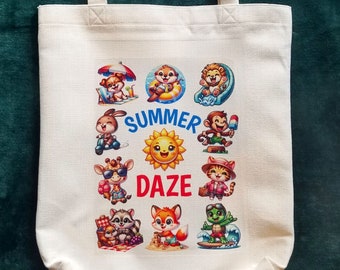 Summer Daze Tote Bag with Adorable & Colorful Cartoon Animals Doing Summer Things, Whimsical Summertime Gift, Sturdy Medium Summer Tote Bag