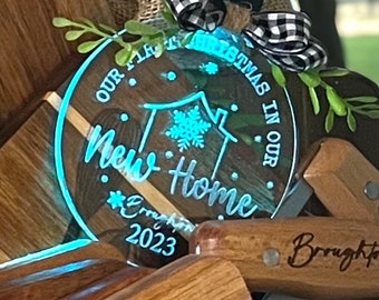 Personalized, Rechargeable, LED First Christmas In Our New Home Ornament, 7 light color, rechargeable usb cord, real estate gift, new home