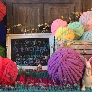 May include: A variety of colorful yarn balls in pastel and bright colors. The yarn is available in continuous strands, 150 yards, and 200 yards. It's springtime at Southernsoftdesigns! Less waste, knot-free.