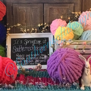 May include: A variety of colorful yarn balls in pastel and bright colors. The yarn is available in continuous strands, 150 yards, and 200 yards. It's springtime at Southernsoftdesigns! Less waste, knot-free.