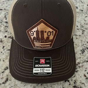 9/11/2001 Never Forget leather patch on Richardson 112 hat- Police Gift- First Responders- Twin Towers- America- Fire Fighter Gift, 9/11