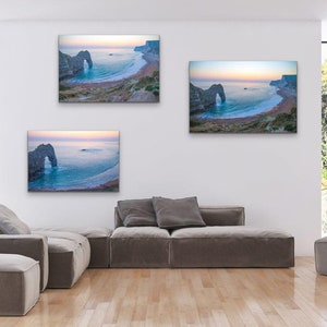 Durdle Door at dusk with setting sun in background, Dorset, canvas/giclee fine art print/framed print/photography, 3 pictures to choose from